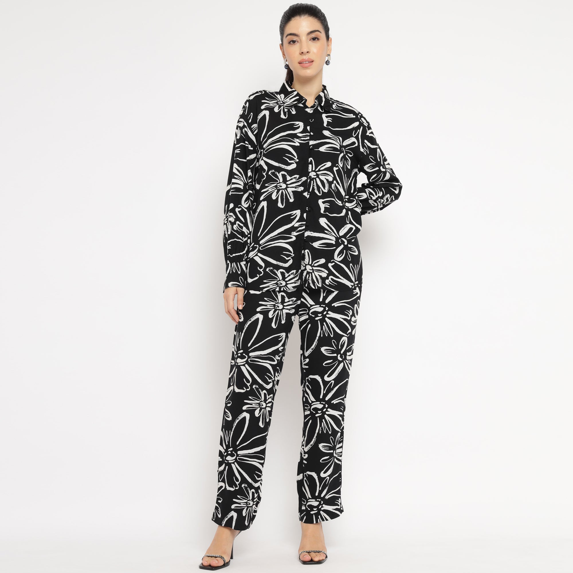 Black Oversized Floral Shirt and Straight Pants Co-ord Set
